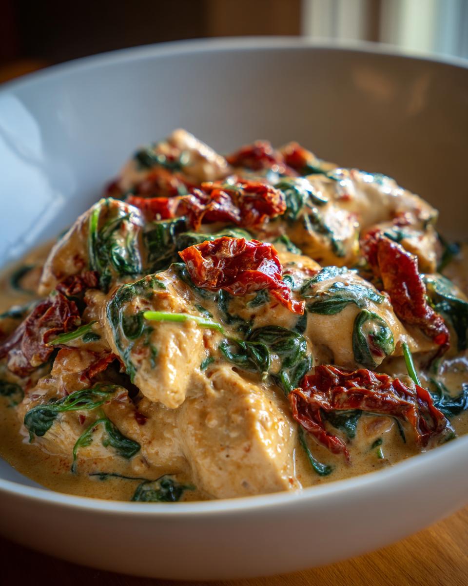 Close-up of creamy Tuscan chicken dish with spinach and sun-dried tomatoes in a white bowl.