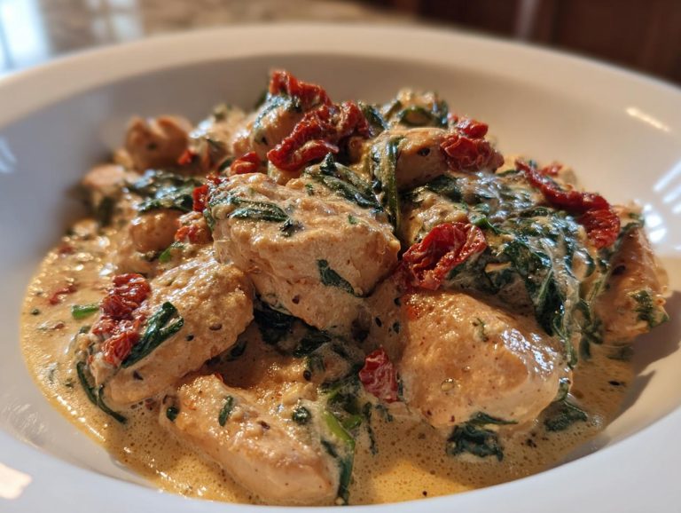Close-up of tender chicken pieces coated in a rich, creamy sauce with spinach and sun-dried tomatoes, a delicious creamy Tuscan chicken dish.