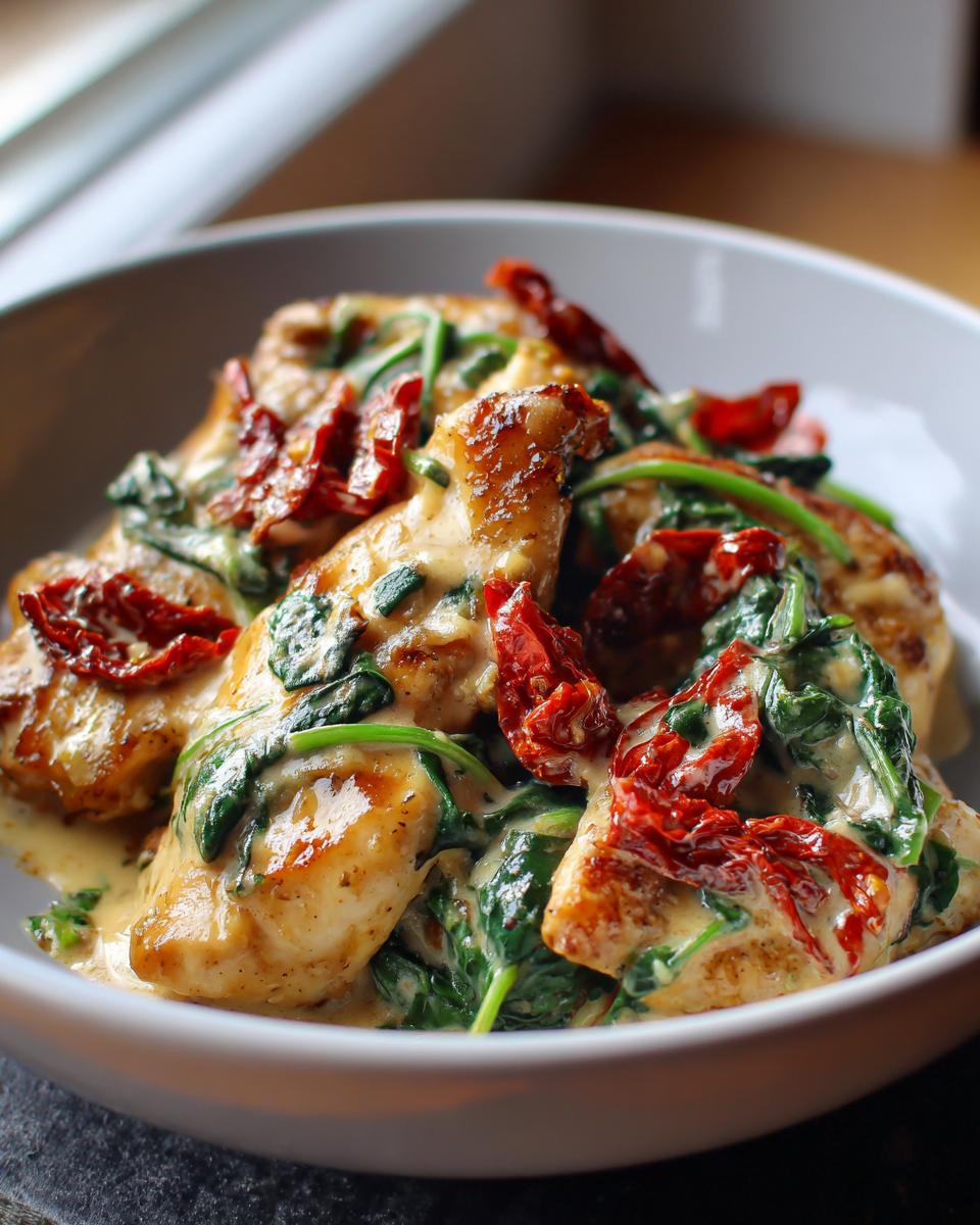 A close-up of tender chicken pieces coated in a rich, creamy sauce with wilted spinach and sun-dried tomatoes.