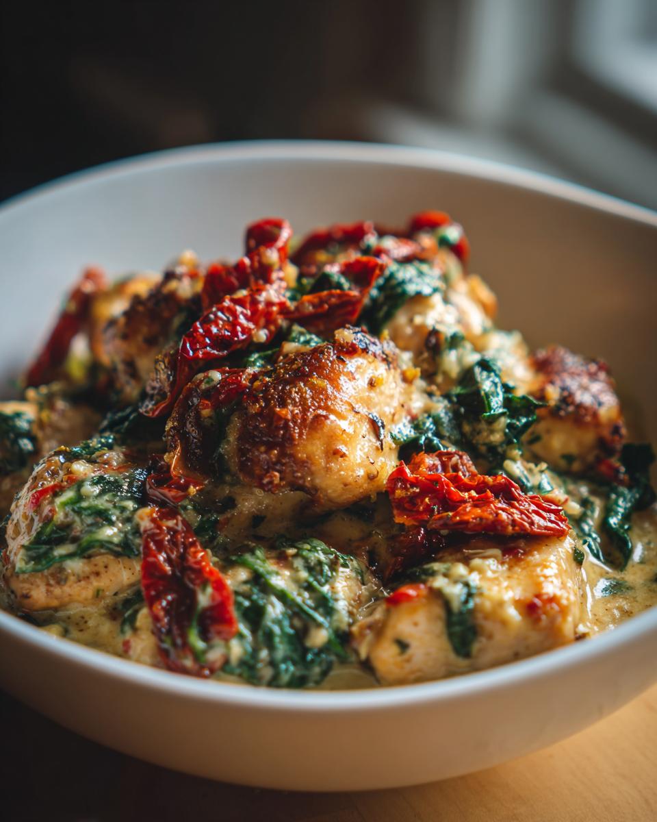 Close-up of creamy Tuscan chicken dish with tender chicken pieces, spinach, and sun-dried tomatoes in a rich sauce.