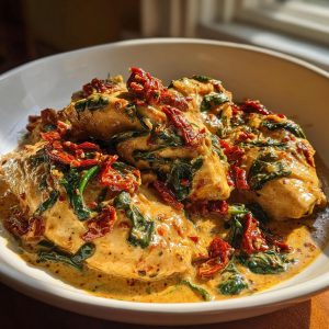 Close-up of tender chicken pieces coated in a rich, creamy sauce with spinach and sun-dried tomatoes, showcasing the creamy Tuscan chicken.