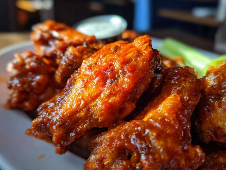 Close-up of delicious buffalo wings coated in spicy sauce, served with celery sticks and blue cheese dip.