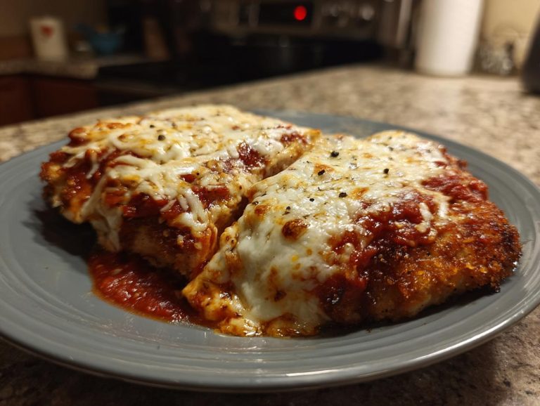 A close-up of two pieces of crispy Chicken Parmesan topped with marinara sauce and melted mozzarella cheese.