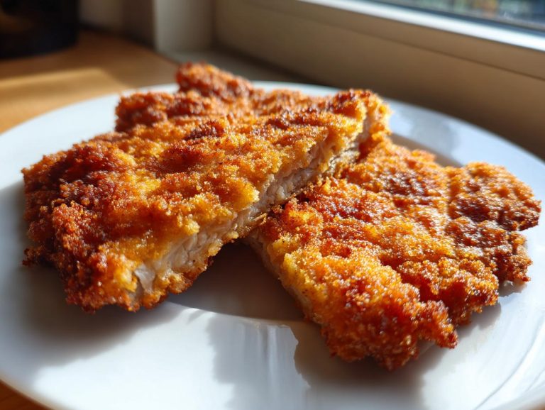Close-up of two golden-brown, crispy chicken schnitzel pieces on a white plate.