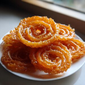 Close-up of a stack of golden-brown, crispy jalebi swirls glistening with syrup on a white plate.
