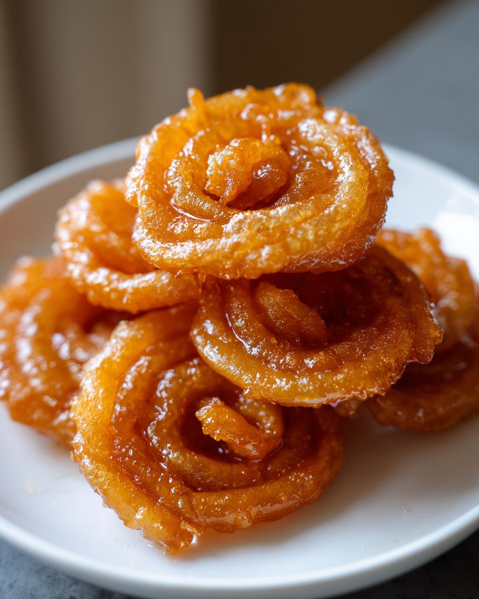 A close-up shot of a stack of golden-brown, crispy jalebi swirls glistening with syrup on a white plate.