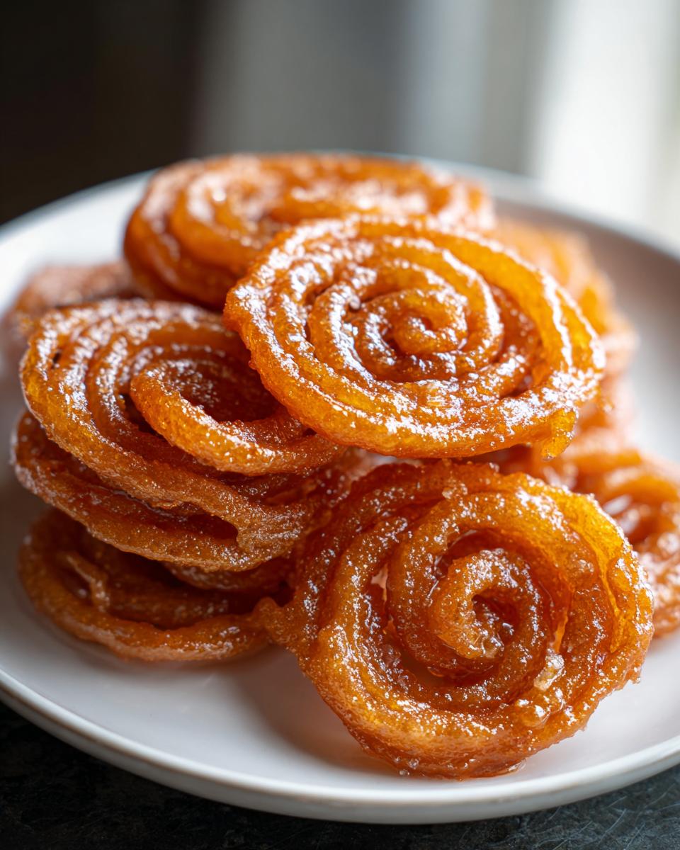 Close-up of golden-brown, crispy jalebi swirls stacked on a white plate, glistening with syrup.