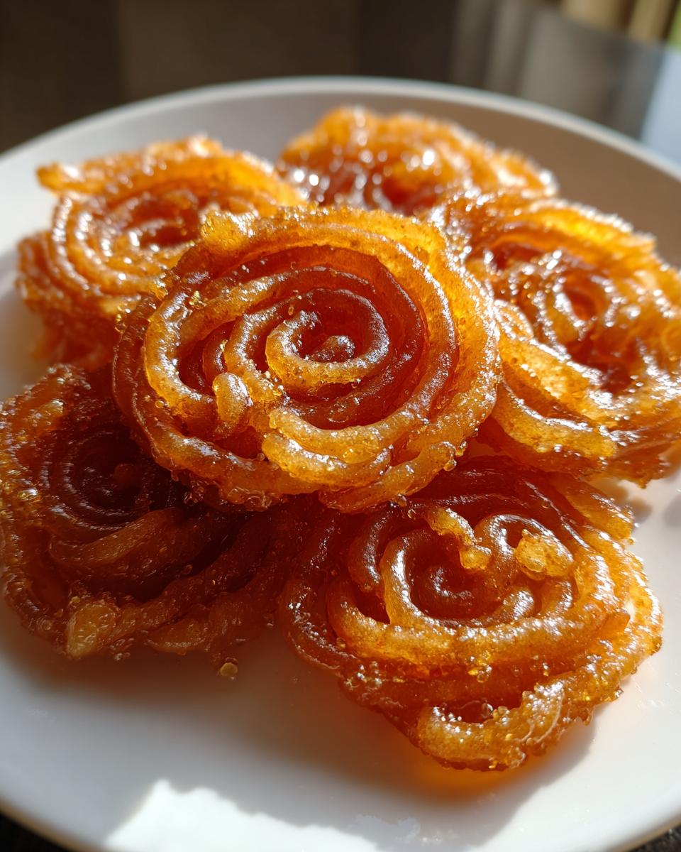 Close-up of golden-brown, crispy jalebi swirls glistening with syrup on a white plate.