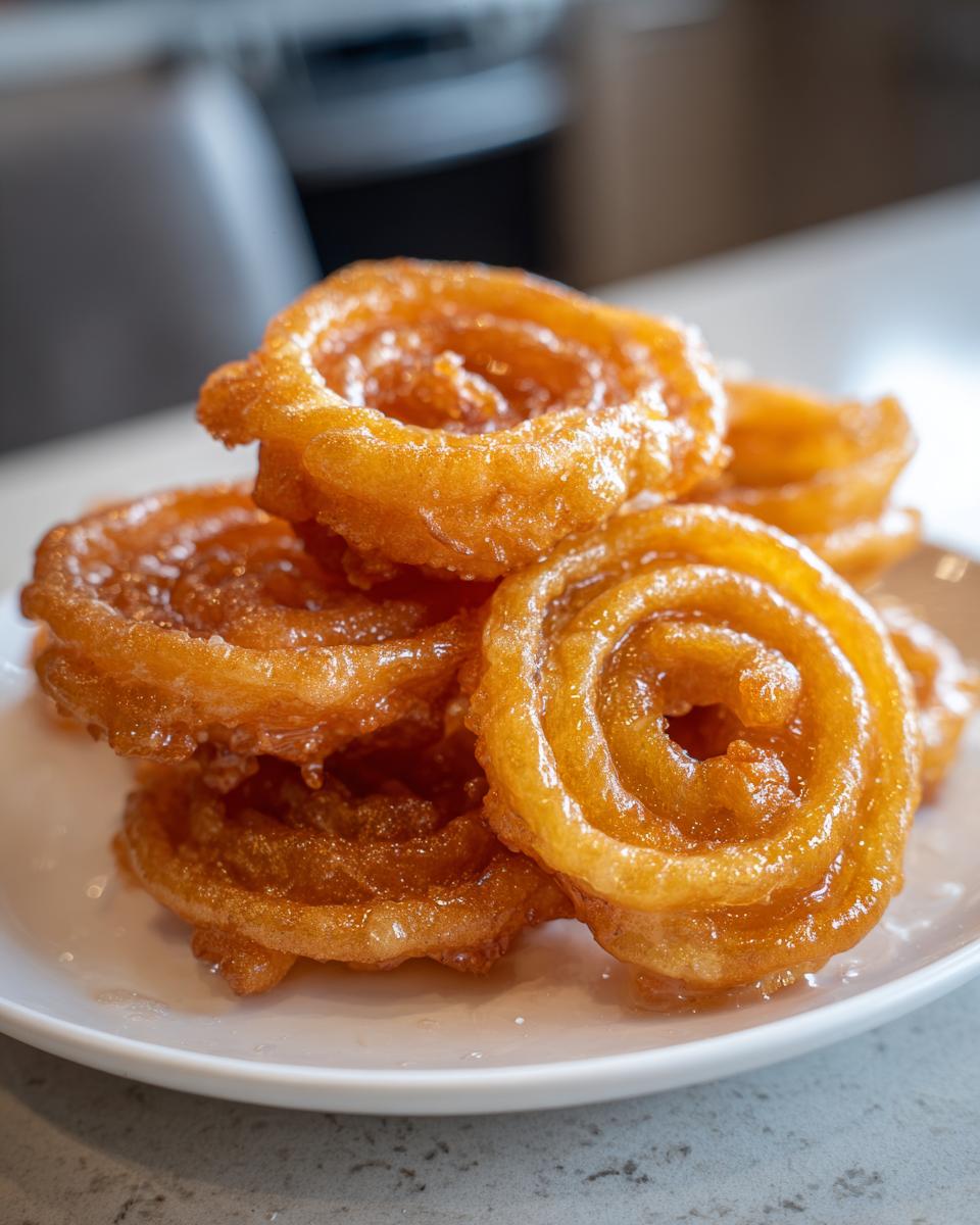 Close-up of golden-brown, crispy jalebi swirls soaked in syrup, piled on a white plate.