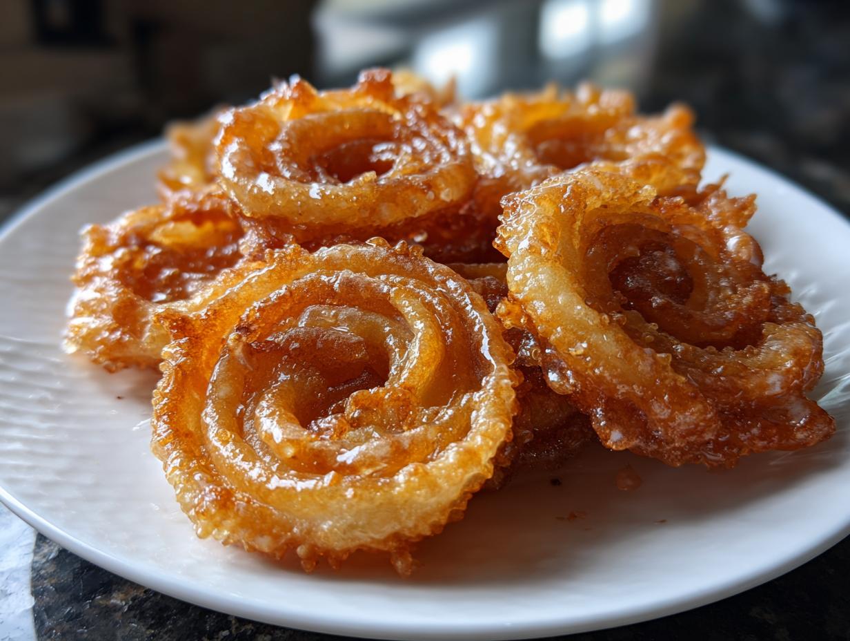 Close-up view of golden-brown, crispy jalebi swirls soaked in syrup, arranged on a white plate.