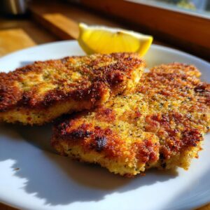 Close-up of two golden-brown, crispy schnitzel pieces served with a lemon wedge on a white plate.