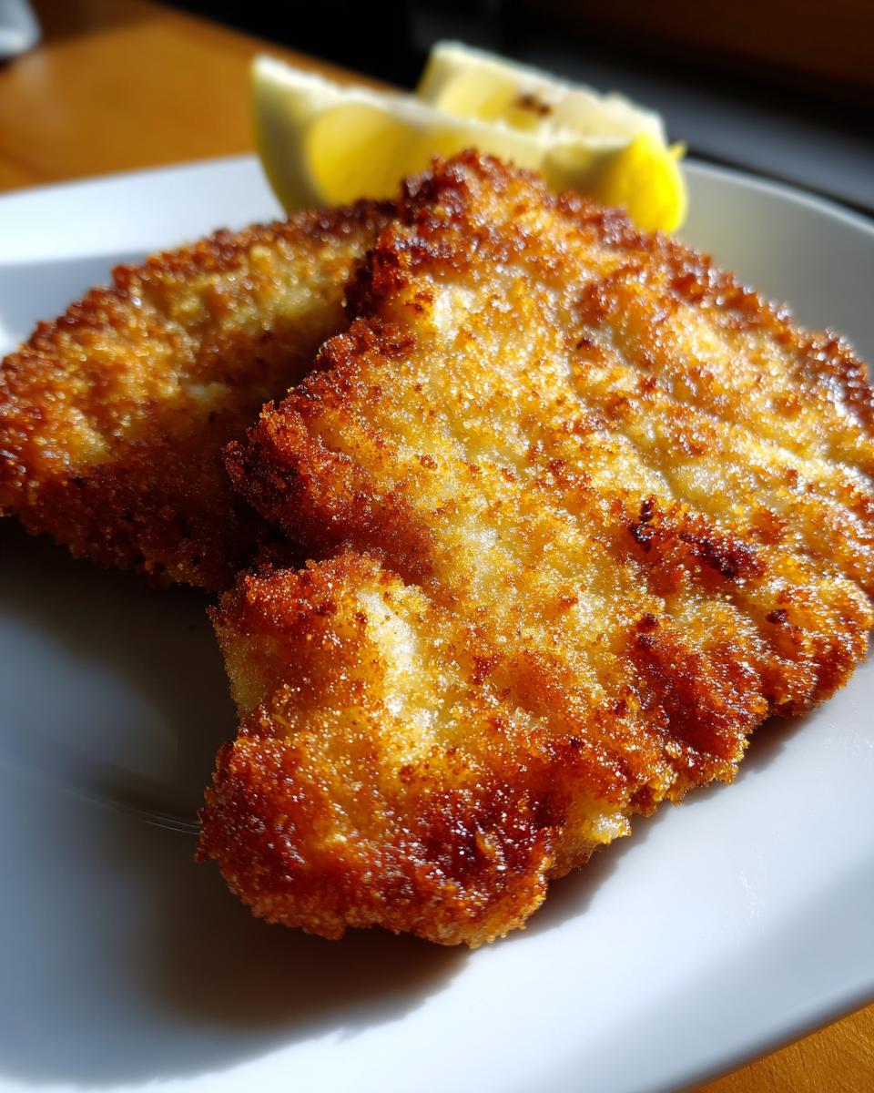 Close-up of two golden-brown, crispy schnitzel pieces served with lemon wedges on a white plate.