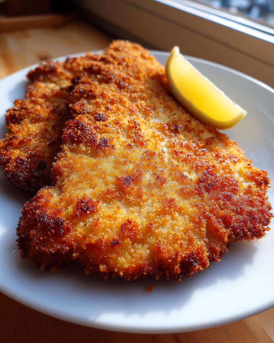 Close-up of two golden-brown, crispy schnitzel pieces served on a white plate with a lemon wedge.