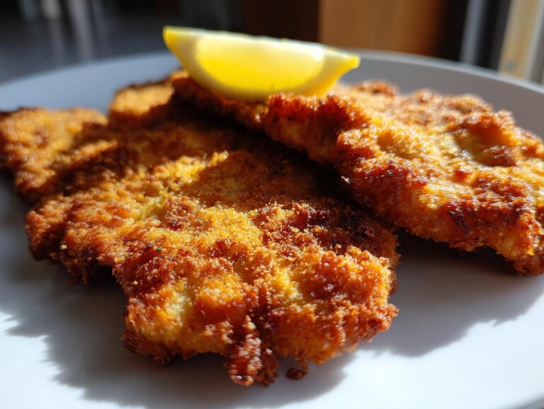 Close-up of three golden-brown, crispy schnitzel pieces served on a white plate with a lemon wedge.