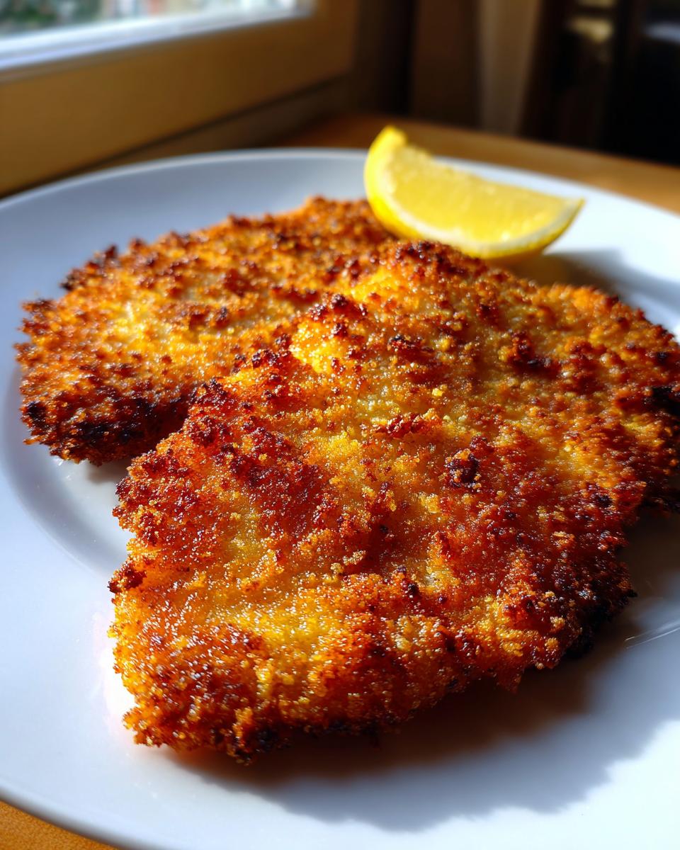 Close-up of two perfectly golden and crispy schnitzel pieces served on a white plate with a lemon wedge.