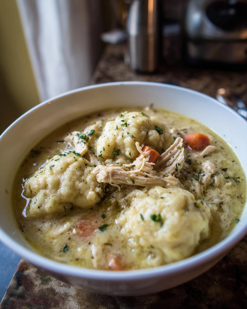 A close-up of a white bowl filled with comforting Crockpot chicken and dumplings, garnished with parsley.