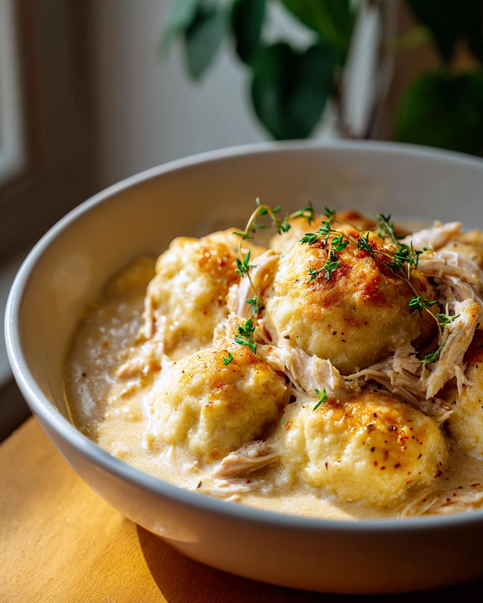 A close-up of a bowl of Crockpot chicken and dumplings, topped with fresh thyme and shredded chicken.