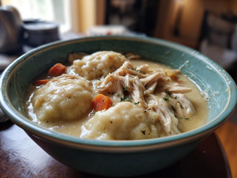 A close-up of a bowl of Crockpot chicken and dumplings, featuring tender shredded chicken, fluffy dumplings, and carrots in a creamy broth.