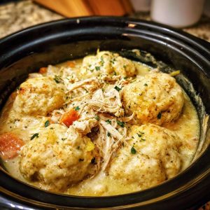 Close-up of fluffy dumplings nestled in creamy broth with shredded chicken and carrots in a crockpot.