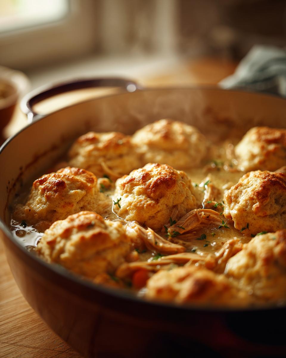 Close-up of fluffy dumplings nestled in creamy broth with shredded chicken, a comforting Crockpot chicken and dumplings dish.