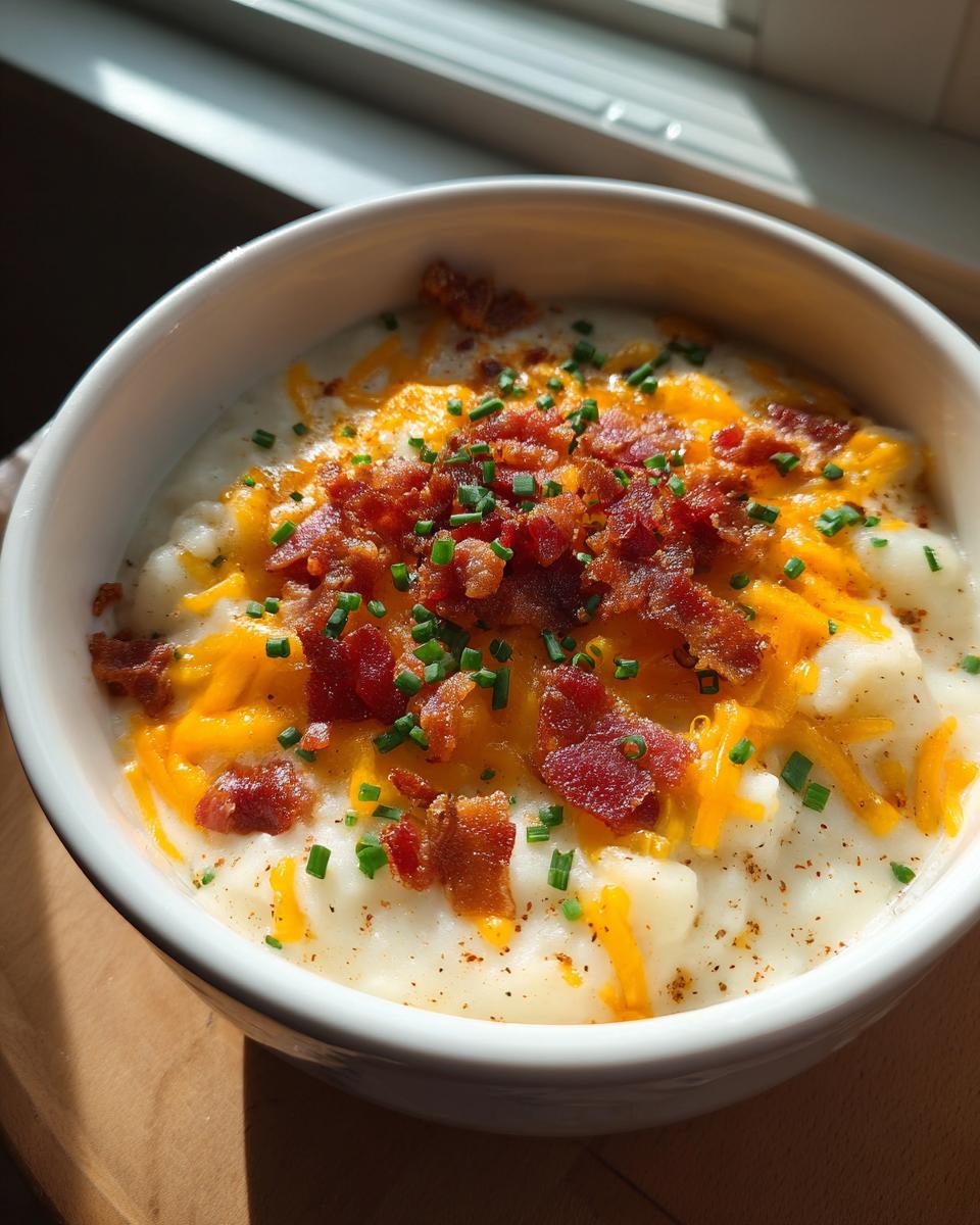 A close-up of a white bowl filled with creamy crockpot loaded potato soup, topped with crispy bacon bits, shredded cheddar cheese, and fresh chives.