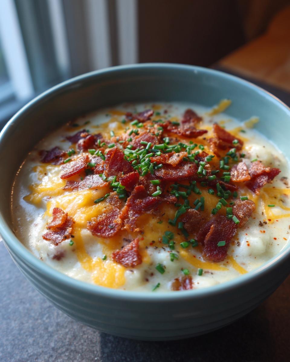 A close-up of a bowl of crockpot loaded potato soup topped with melted cheddar cheese, crispy bacon, and fresh chives.