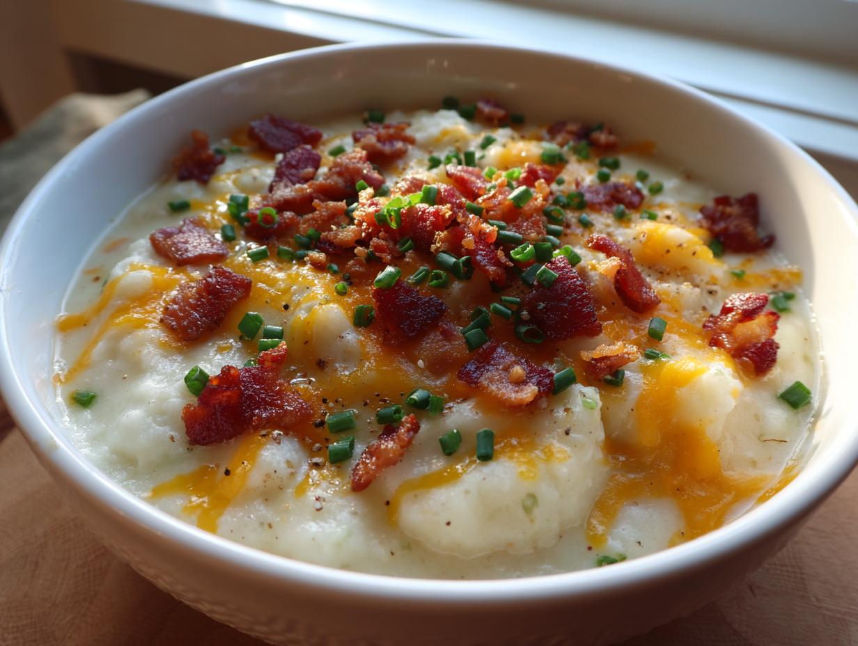 A close-up of a white bowl filled with creamy crockpot loaded potato soup, topped with melted cheddar cheese, crispy bacon bits, and fresh chives.