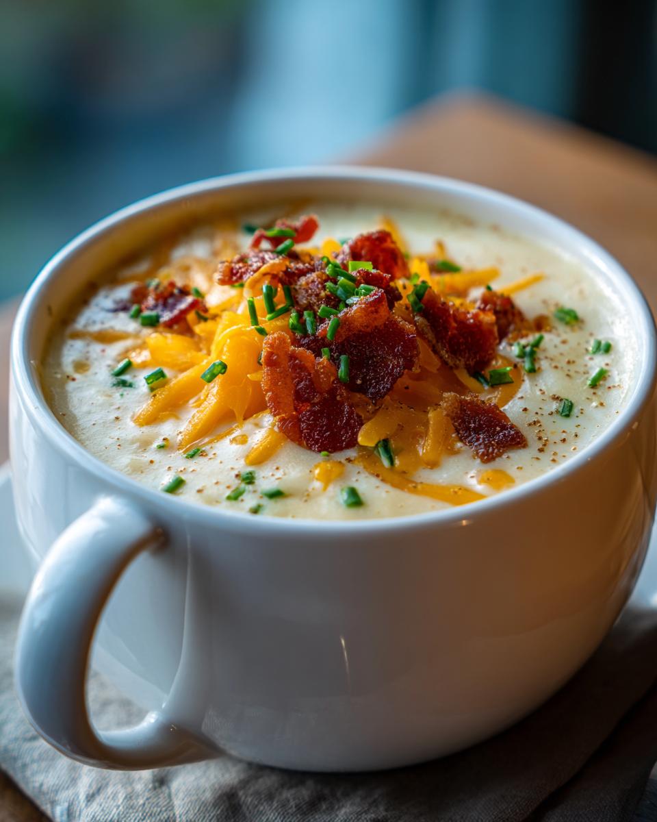 A close-up of a white bowl filled with creamy crockpot loaded potato soup, topped with shredded cheddar cheese, crispy bacon, and chopped chives.