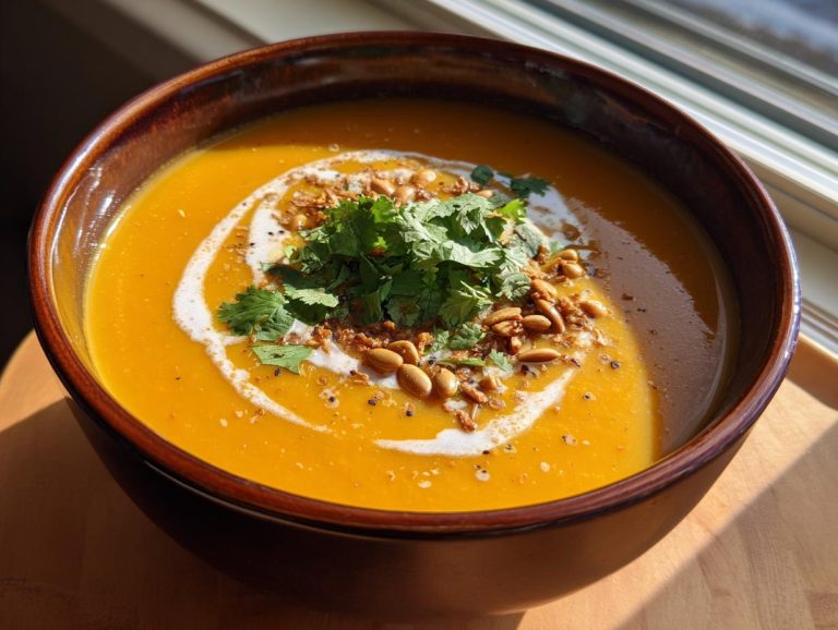 A close-up of a bowl of vibrant orange curried pumpkin soup, topped with a swirl of cream, fresh cilantro, and toasted seeds.