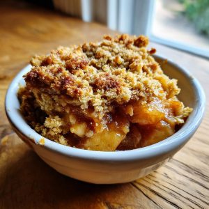 A close-up of a serving of easy apple crisp in a white bowl, showing tender baked apples and a crunchy crumble topping.