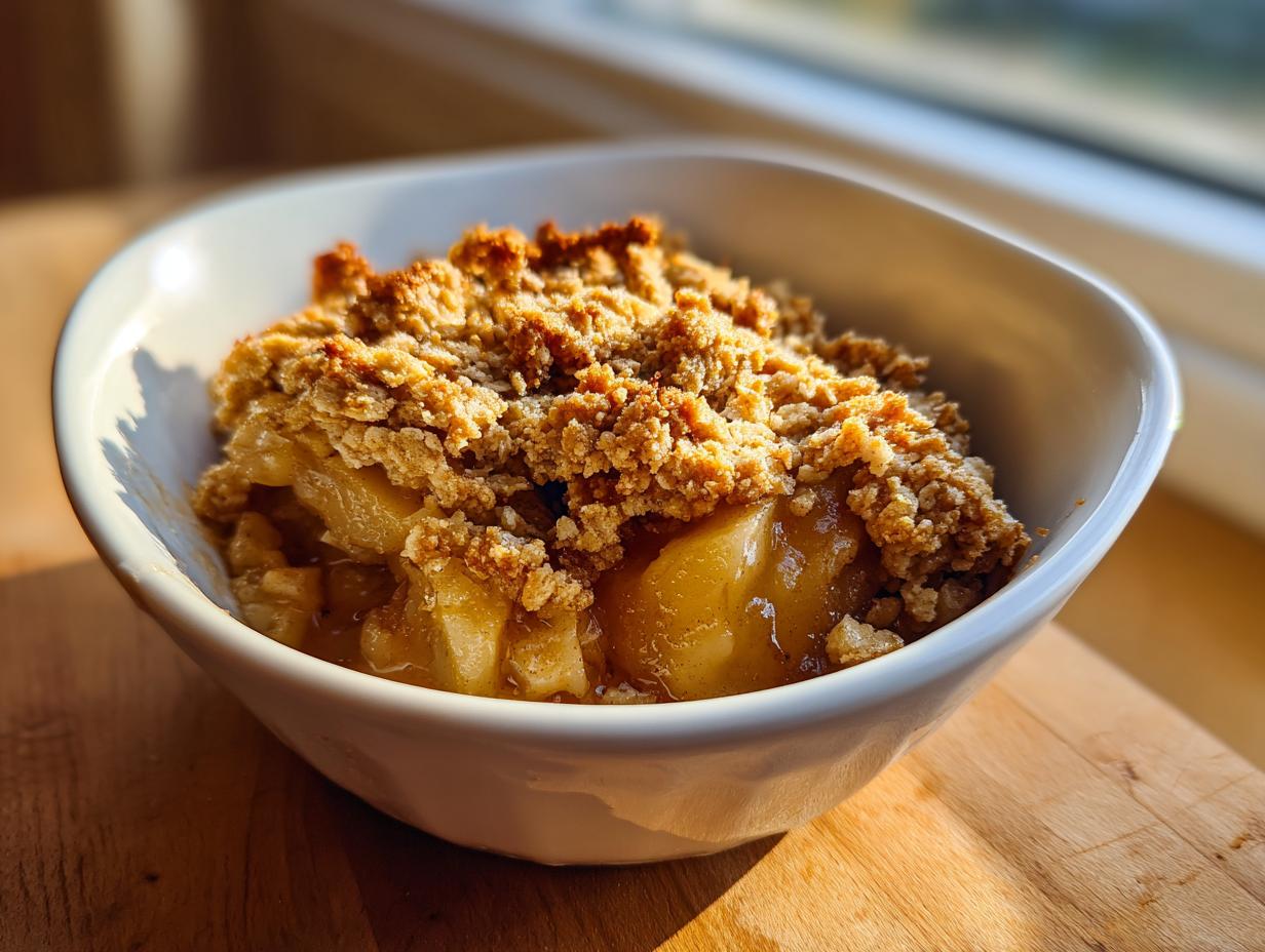 A close-up of a delicious easy apple crisp in a white bowl, topped with golden brown crumble.