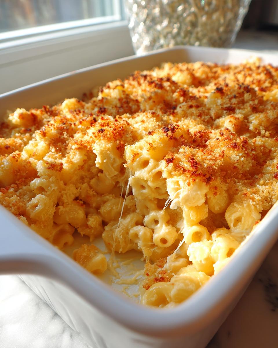 A close-up shot of creamy, cheesy easy baked mac and cheese in a white casserole dish, with a golden-brown breadcrumb topping.