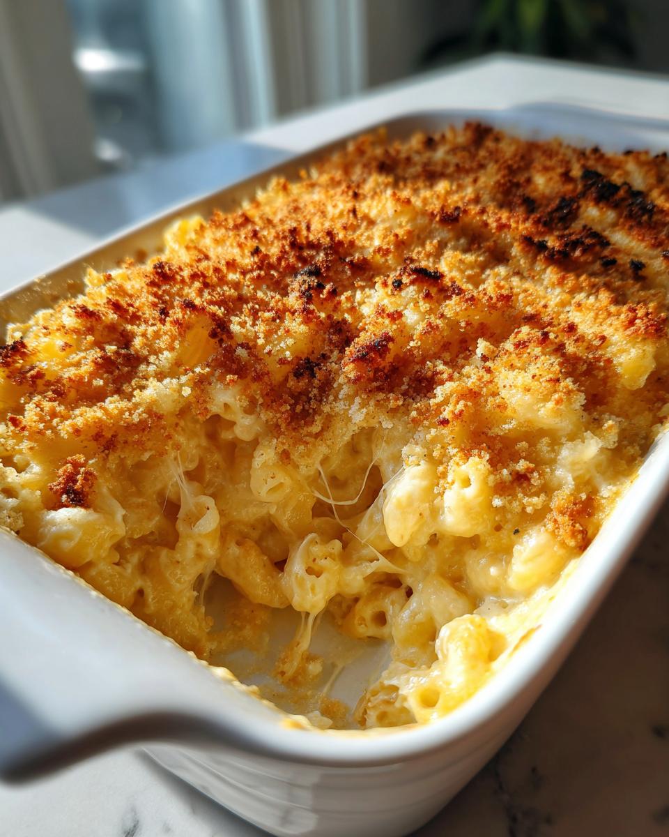 A close-up of a white baking dish filled with cheesy, bubbly easy baked mac and cheese topped with golden breadcrumbs.