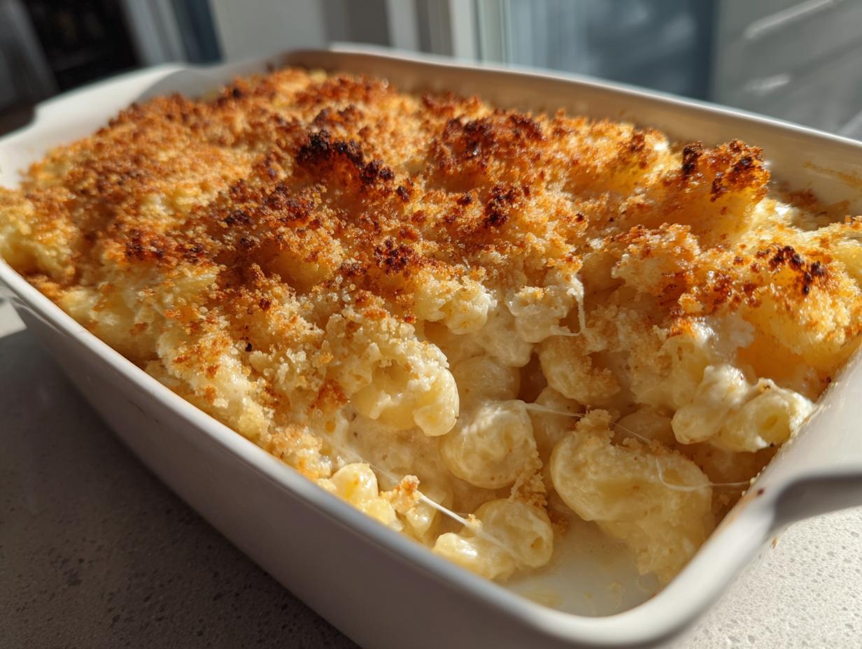A close-up of creamy, cheesy easy baked mac and cheese with a golden-brown breadcrumb topping in a white baking dish.