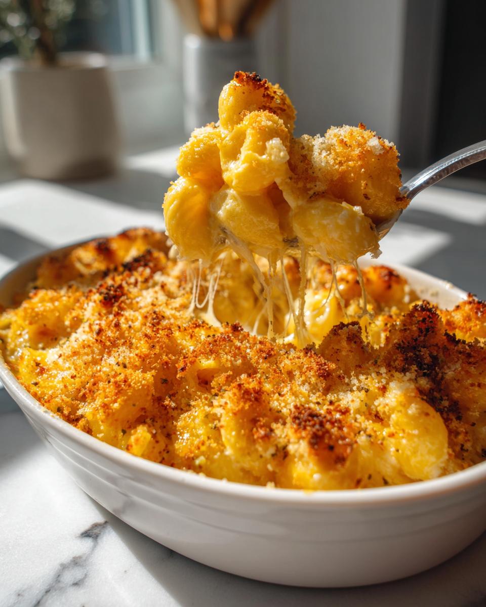 A spoonful of creamy, cheesy easy baked mac and cheese with a golden breadcrumb topping.
