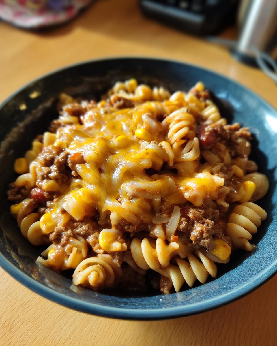 A close-up of a bowl filled with easy one-pot taco pasta, featuring rotini noodles, seasoned ground beef, corn, and topped with melted cheddar cheese.