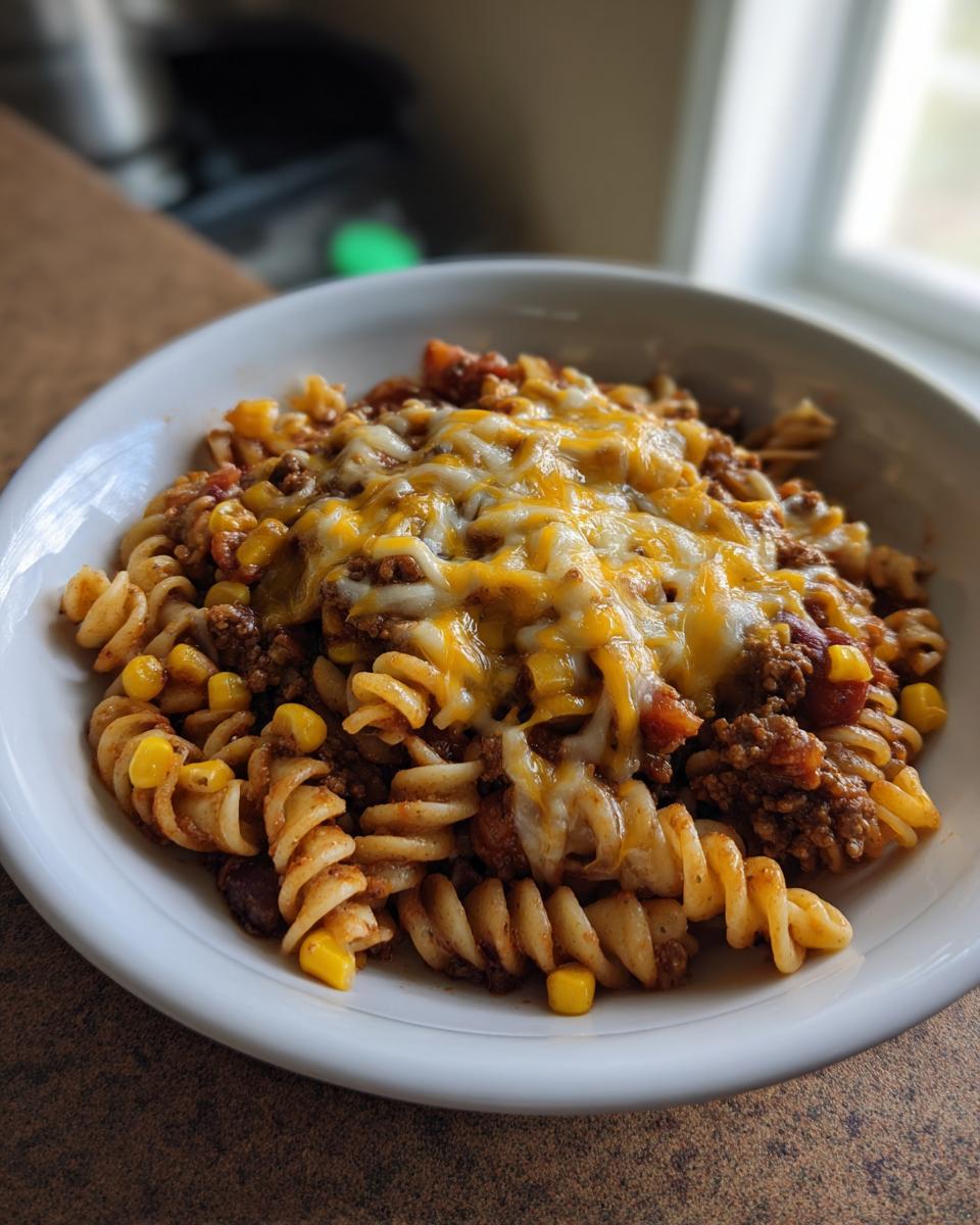 A bowl of easy one-pot taco pasta topped with melted cheddar cheese and corn.