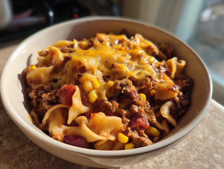 A bowl of easy one-pot taco pasta featuring ground beef, noodles, corn, beans, and melted cheddar cheese.