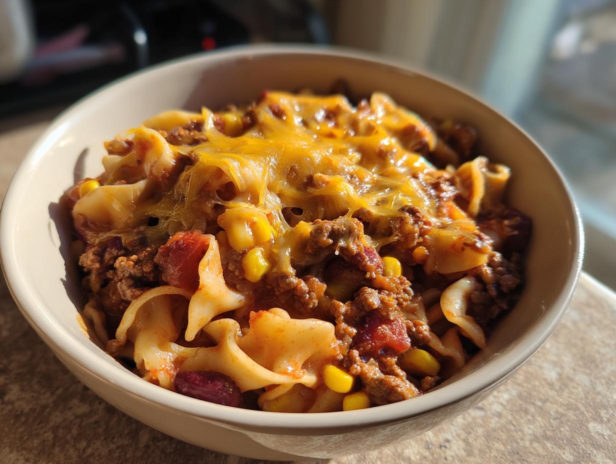 A bowl of easy one-pot taco pasta featuring ground beef, noodles, corn, beans, and melted cheddar cheese.