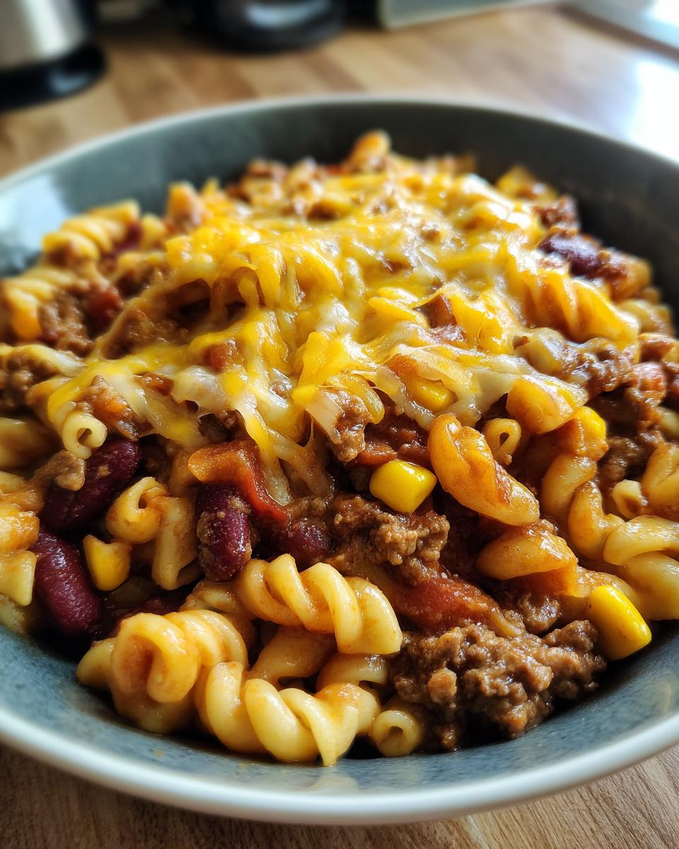 A close-up of a bowl of easy one-pot taco pasta, featuring rotini noodles, ground beef, kidney beans, corn, and melted cheddar cheese.