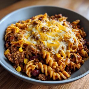 A close-up of a bowl of easy one-pot taco pasta, topped with melted cheddar and Monterey Jack cheese.