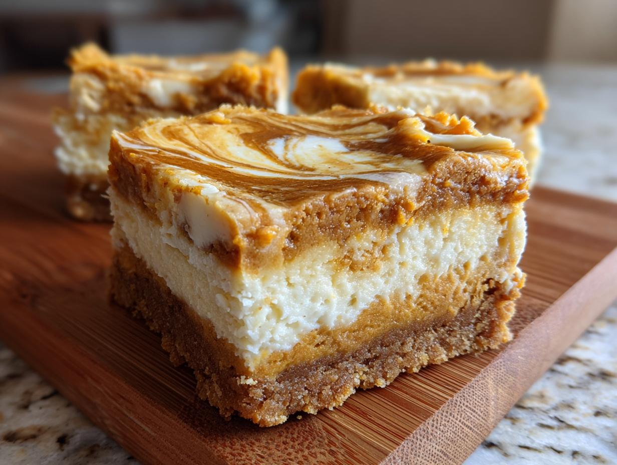 Close-up of three delicious pumpkin cheesecake bars with a marbled pumpkin swirl topping on a wooden board.