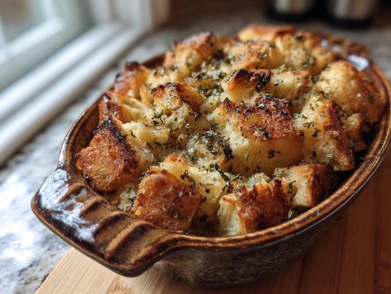 Close-up of golden brown bread cubes in a baking dish, seasoned with herbs, representing easy stuffing.