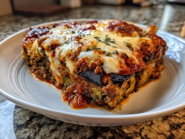 A close-up of a generous slice of homemade eggplant Parmesan, layered with rich tomato sauce and melted cheese.
