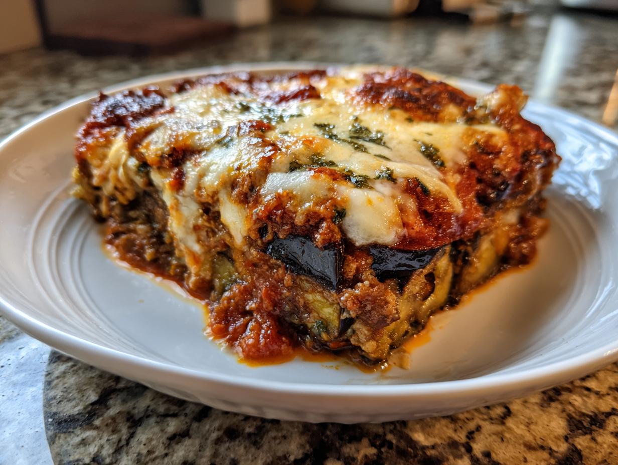 A close-up of a generous slice of homemade eggplant Parmesan, layered with rich tomato sauce and melted cheese.