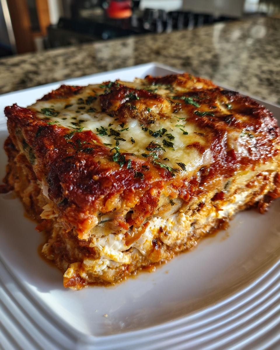 A close-up shot of a generous slice of classic Italian Eggplant Parmesan, showing layers of eggplant, cheese, and marinara sauce, topped with melted mozzarella and parsley.