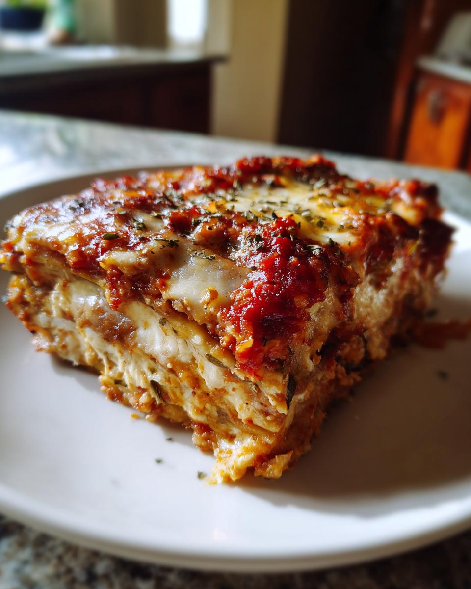 A close-up of a hearty slice of eggplant Parmesan, showing layers of pasta, cheese, and rich tomato sauce.