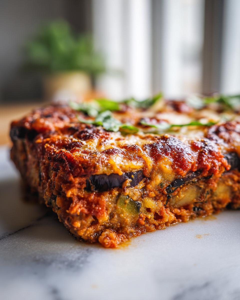 A close-up of a hearty slice of eggplant Parmesan, showing layers of eggplant, sauce, and melted cheese.