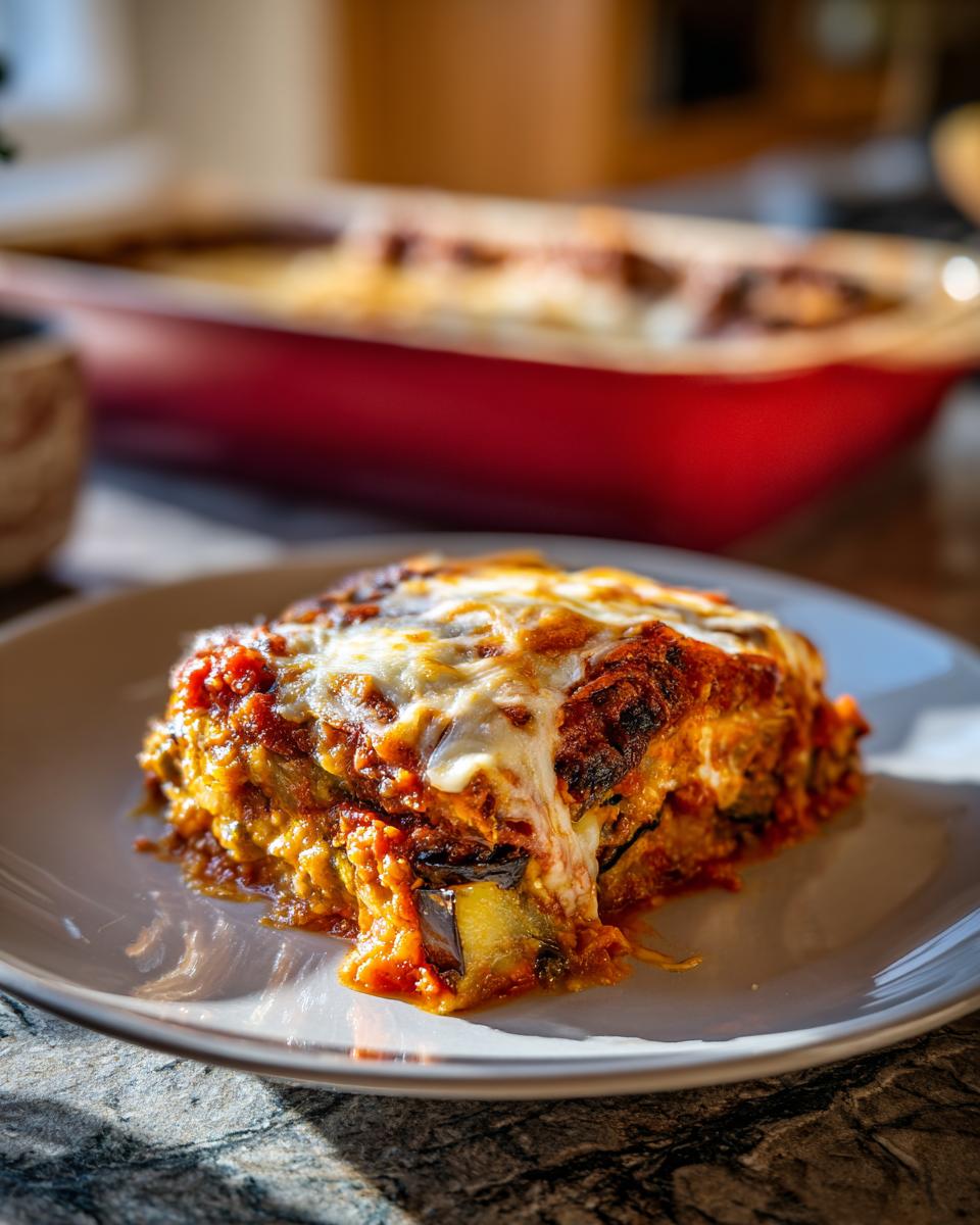 A close-up of a generous slice of homemade Eggplant Parmesan, bubbling with melted cheese and rich tomato sauce.
