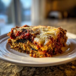 A close-up of a slice of homemade eggplant Parmesan, layered with sauce, cheese, and eggplant, served on a white plate.